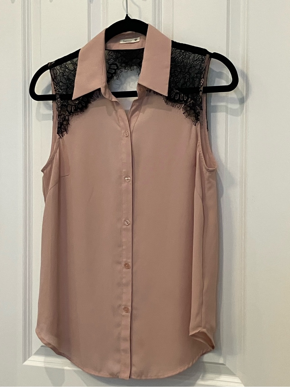 Soprano Blush Sleeveless Button-Front Top with Black Lace Yoke